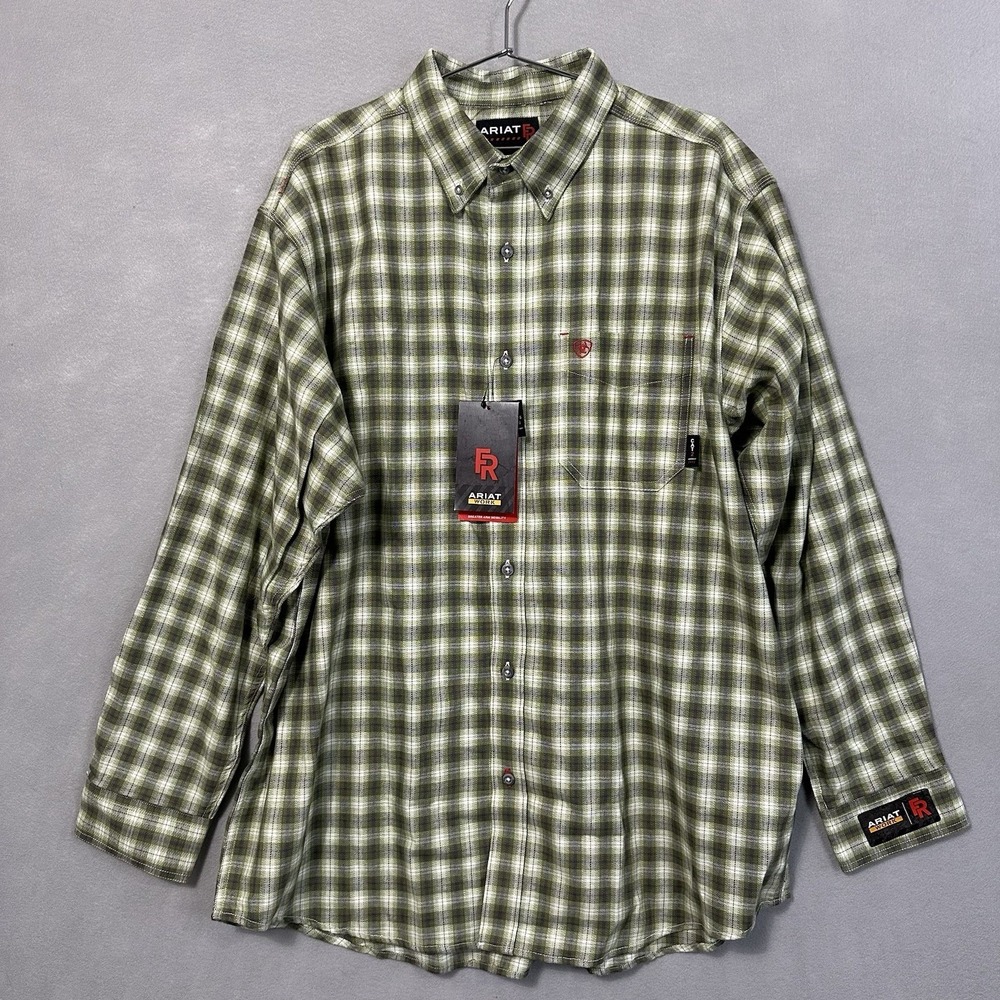 New Ariat FR Work Shirt Mens XXL Green Plaid Button Down Flame Resistant Western